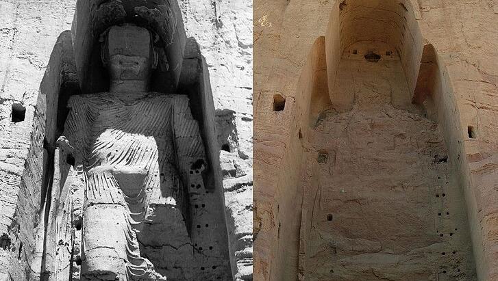 Die Buddhas von Bamiyan vor und nach der Sprengung. Die Buddhas von Bamiyan vor und nach der Sprengung.