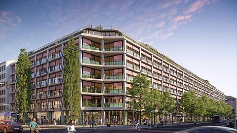 Durchlaufende Balkone bekommt die Fassade von "The Verse". Die Visualisierung zeigt die Kreuzung Bayer-/Paul-Heyse-Straße.