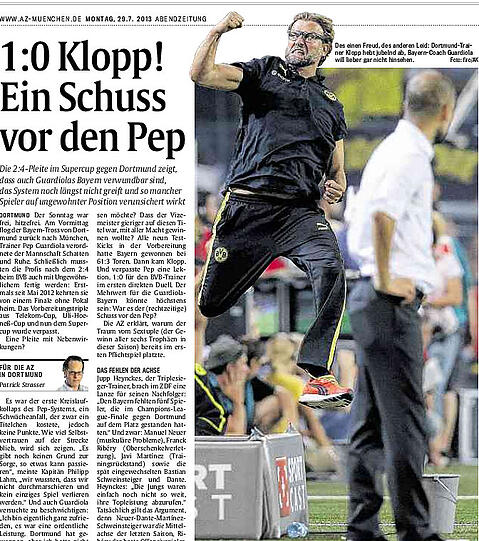 29.Juli: Ausgerechnet in Dortmund verspielt Pep Guardiola den ersten Pokal, es setzt eine empfindliche 2:4-Pleite im Supercup. Der Schwächeanfall des neuen Pep-Systems sollte ein einmaliger Ausrutscher sein (die zweite Pleite: das bedeutungslose 2:3 gegen Manchester City im Dezember). Dennoch Trübsal: Ein Titelchen war weg.