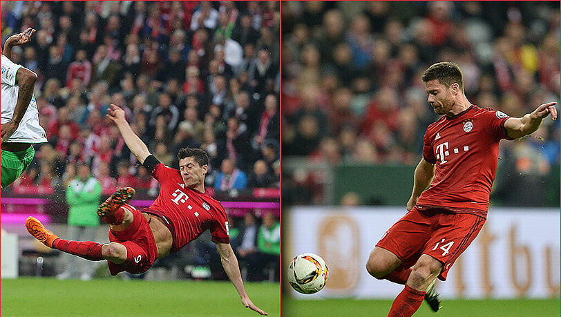 Gewinnt ein Bayern-Spieler den Preis für das beste Tor des Jahres? Nominiert sind Robert Lewandowski (l.) und Xabi Alonso. Gewinnt ein Bayern-Spieler den Preis für das beste Tor des Jahres? Nominiert sind Robert Lewandowski (l.) und Xabi Alonso.