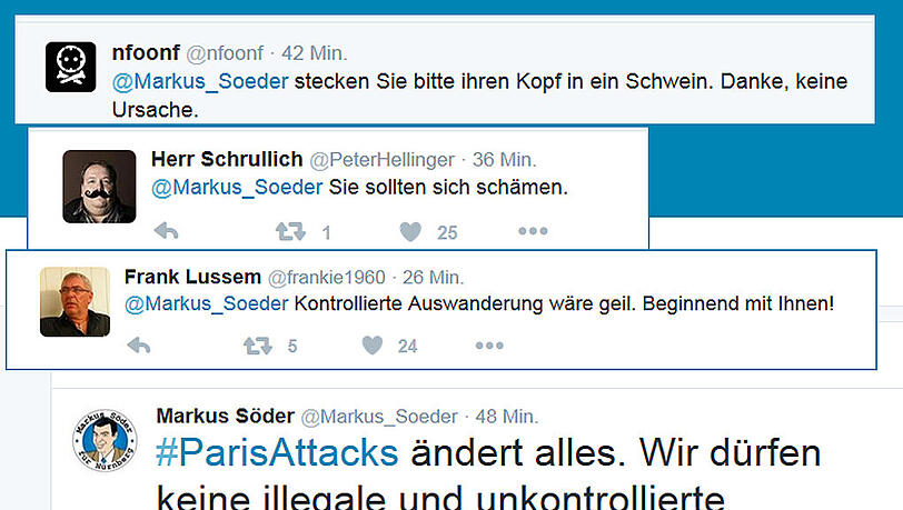 "Sie sollten sich schämen" - Twitter-User reagieren verärgert auf Söders geschmacklosen Post zu den Pariser Anschlägen. "Sie sollten sich schämen" - Twitter-User reagieren verärgert auf Söders geschmacklosen Post zu den Pariser Anschlägen.